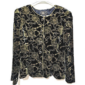 R&K Evenings Blazer Black Velour Floral Vintage 80's Women's Size 10 Whimsigoth